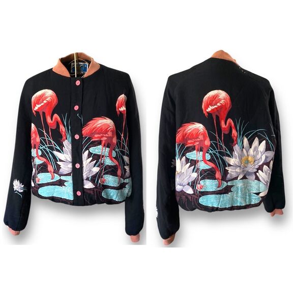 Vtg Black bomber jacket buttons flamingos lily pad flowers printed Size Medium M - Picture 3 of 16
